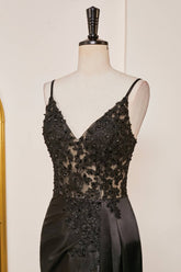 V-Neck Black Sheer Lace Corset Mermaid Prom Dress with Slit